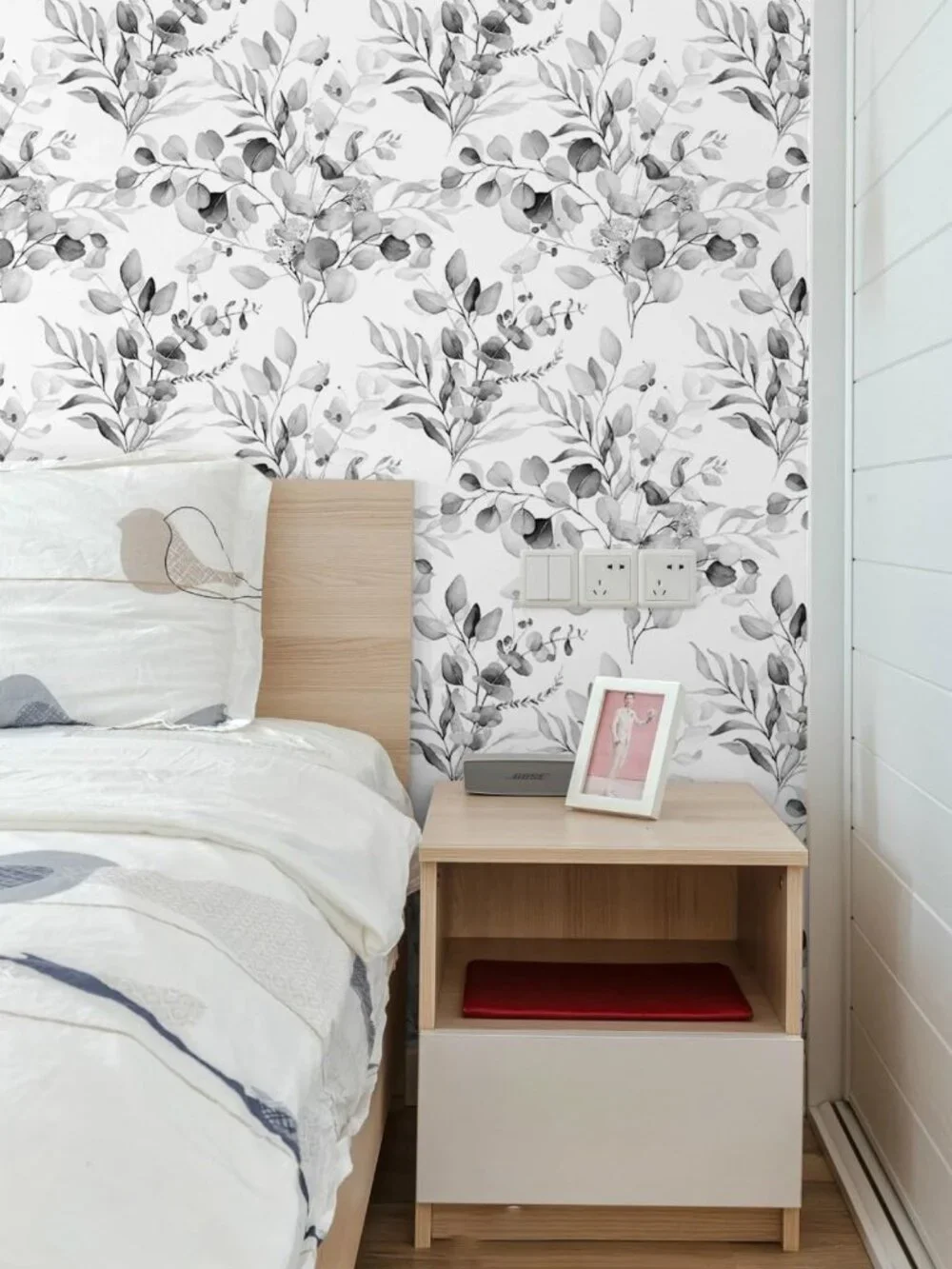 Peel and Stick Black White Wallpaper Mural | Botanical Eucalyptus Leaf Design